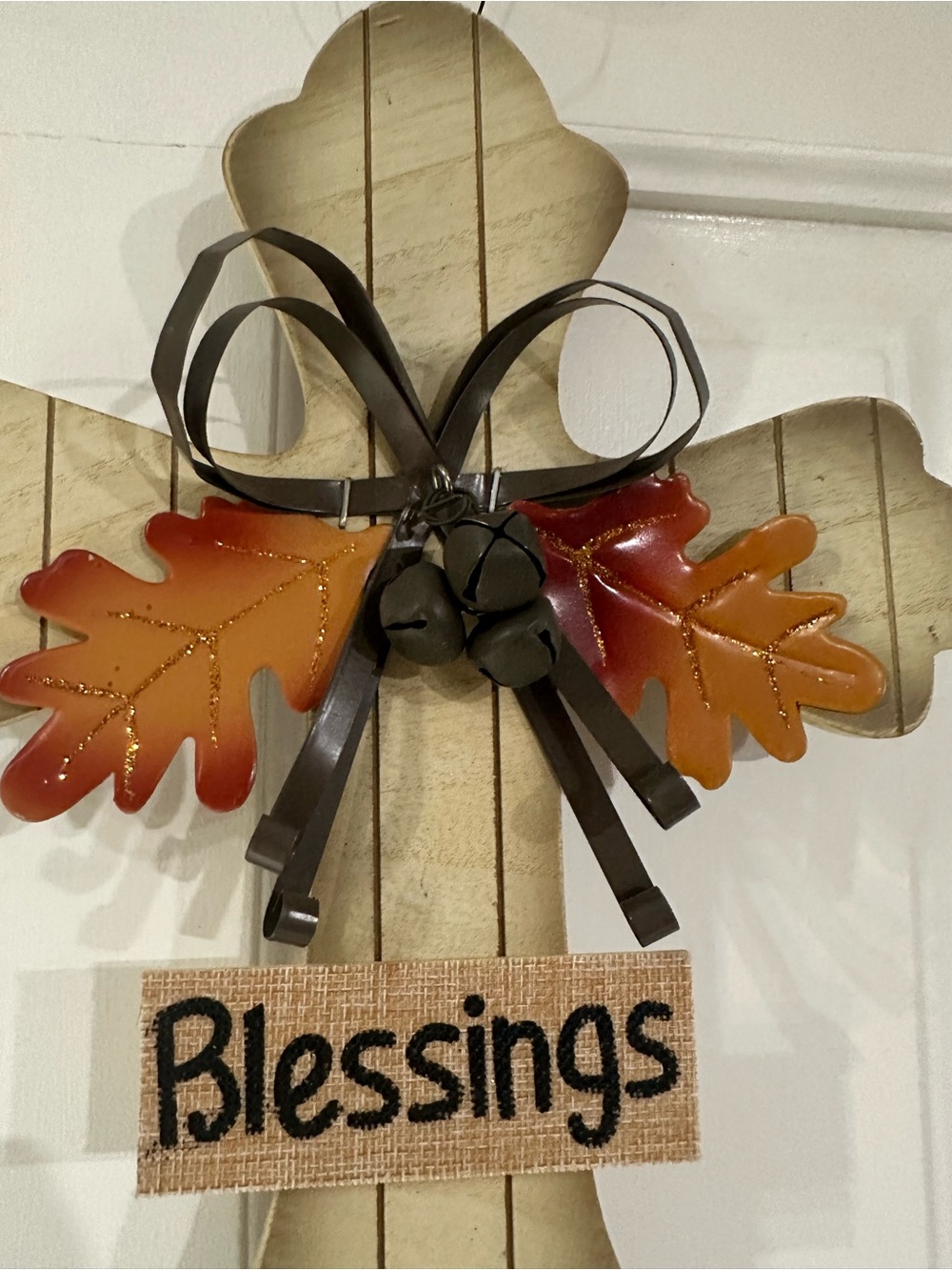 Wooden 'Blessings' Cross Wall Decor with Metal Autumn Leaves - Picture 3 of 4